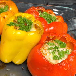 Cheesy Ground Turkey Stuffed Peppers