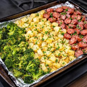 Sheet pan sausage, potatoes, and broccoli