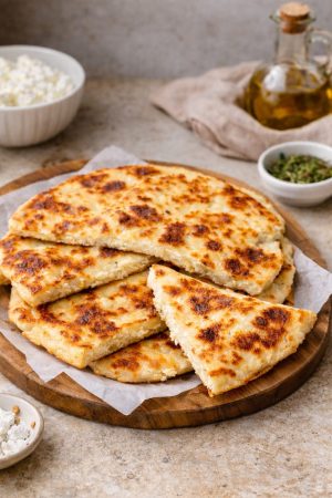 Golden cottage cheese flatbreads stacked high